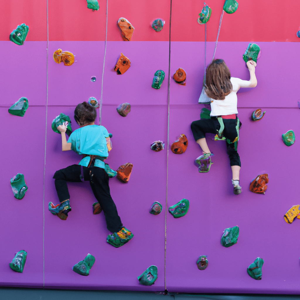 [Two children climbing on a colorful rock climbing wall]. Sigma 85 mm f/1.4. No text.