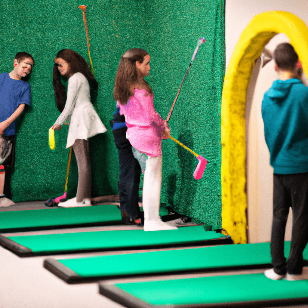 A group of children enjoying a game of mini golf in a colorful indoor facility. Nikon D750. No text.. Sigma 85 mm f/1.4. No text.