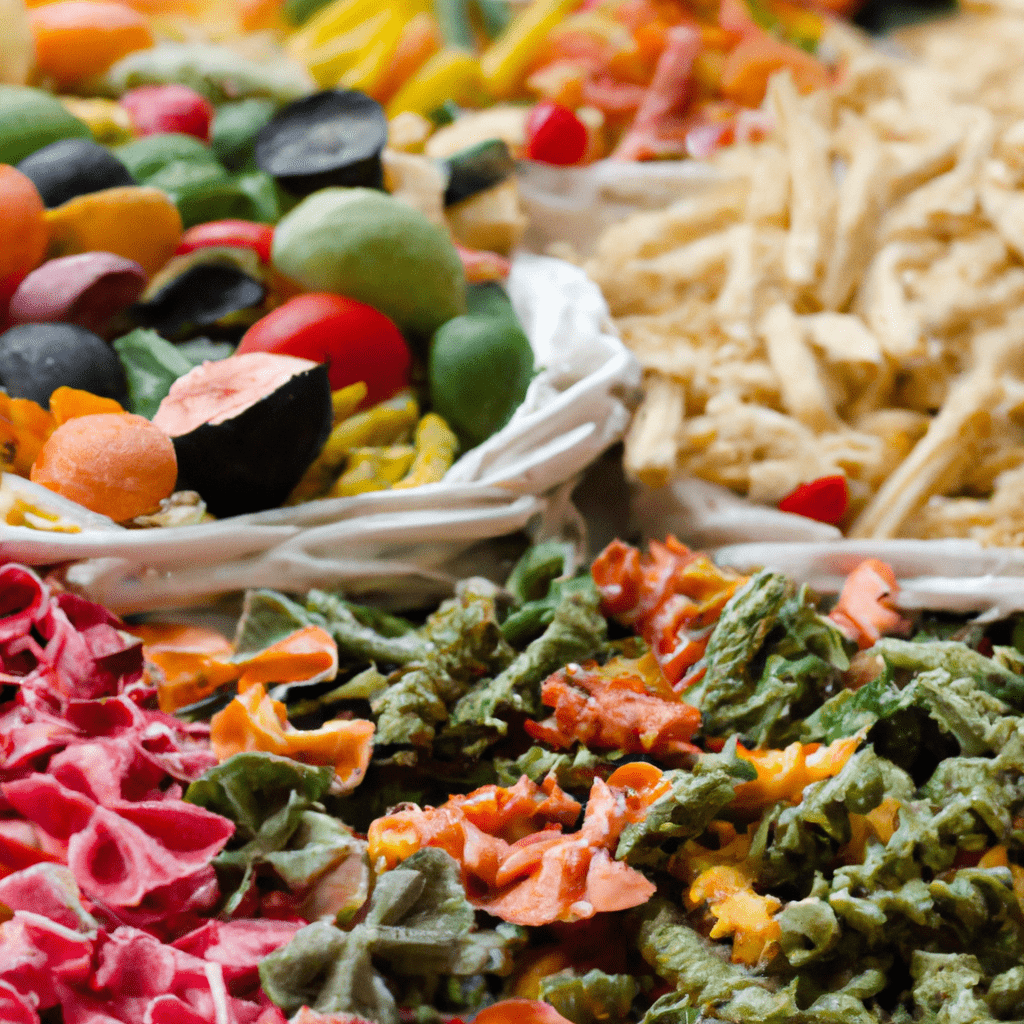 [In the picture, colorful pasta with a variety of vegetables and fruits is showcased, providing both visual appeal and a nutritious boost.]. Sigma 85 mm f/1.4. No text.