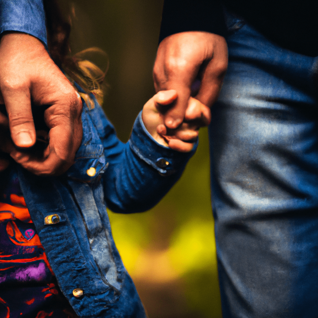 A photo of a confident parent holding hands with their child, ready to face any challenges together. Vivid colors represent the endless possibilities of parenthood.. Sigma 85 mm f/1.4. No text.
