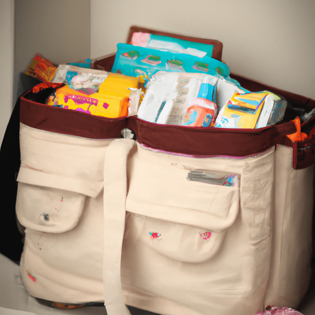2 - A photo of a diaper bag filled with baby essentials, including diapers, wipes, extra clothes, and snacks. The bag is organized with multiple compartments and pockets for easy access.. Sigma 85 mm f/1.4. No text.