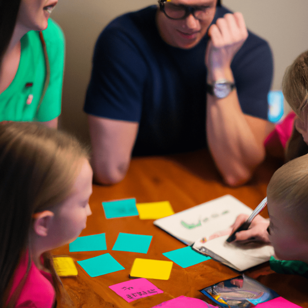 A photo of a family sitting around a table, discussing their plans and activities. They are using a calendar and colorful sticky notes to organize their family time. Sigma 85 mm f/1.4. No text.. Sigma 85 mm f/1.4. No text.
