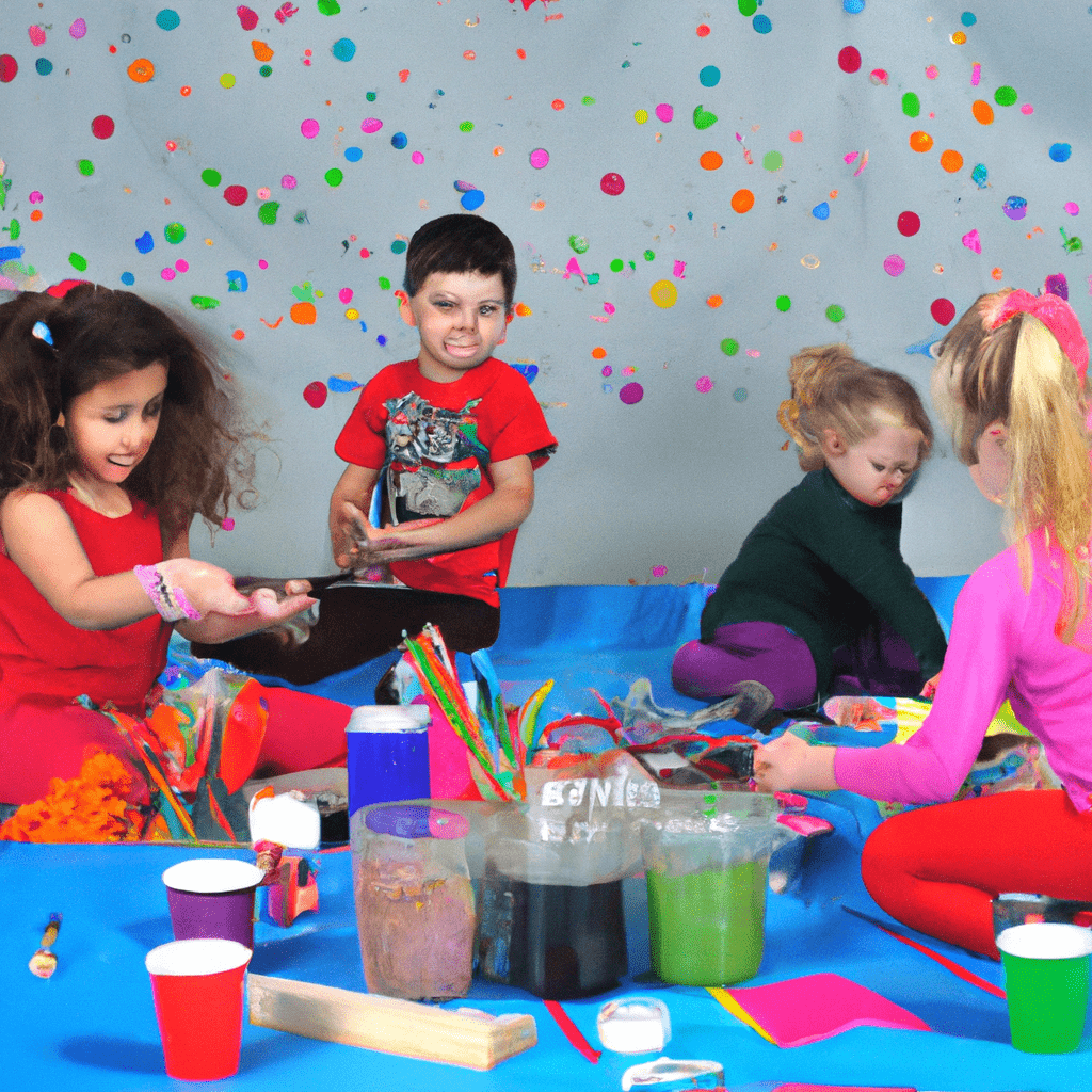 [Image: A group of children happily engaged in various creative activities, surrounded by colorful art supplies and inspiring objects.]. Sigma 85 mm f/1.4. No text.