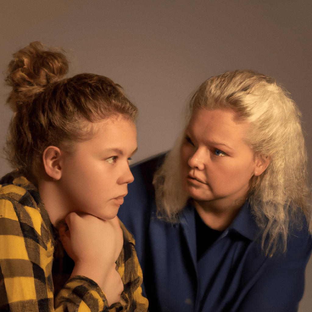 A photo of a mother and teenage child sitting together, engaged in a deep conversation. They are both listening attentively to each other, showing respect and understanding. The photo captures the importance of effective communication and building a strong bond during challenging adolescence.. Sigma 85 mm f/1.4. No text.