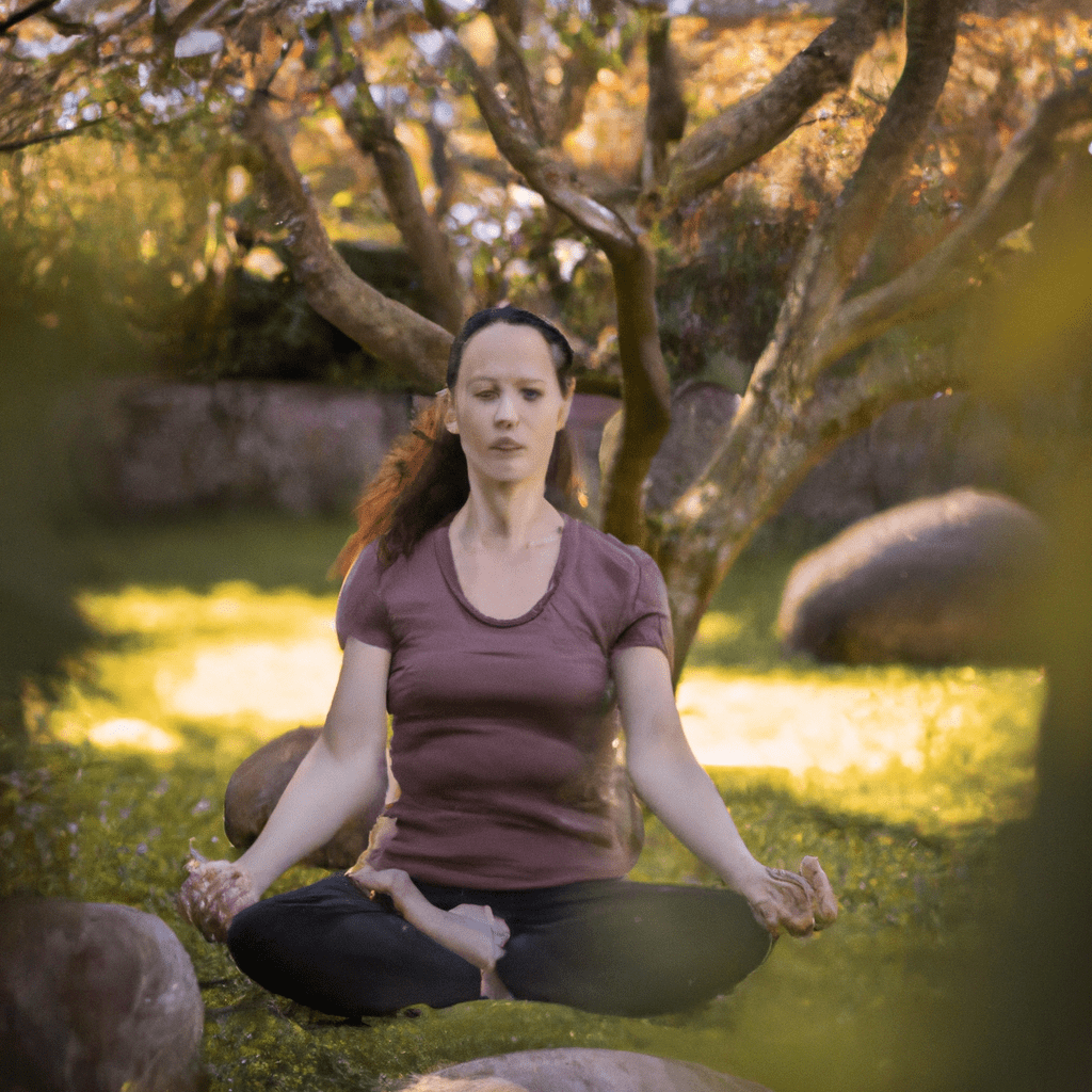 A photo of a woman meditating in a peaceful garden, surrounded by nature. She is sitting cross-legged with her eyes closed, practicing self-care and stress management techniques. The serene atmosphere and beautiful surroundings help her find inner peace and balance. Sigma 85 mm f/1.4. No text.. Sigma 85 mm f/1.4. No text.
