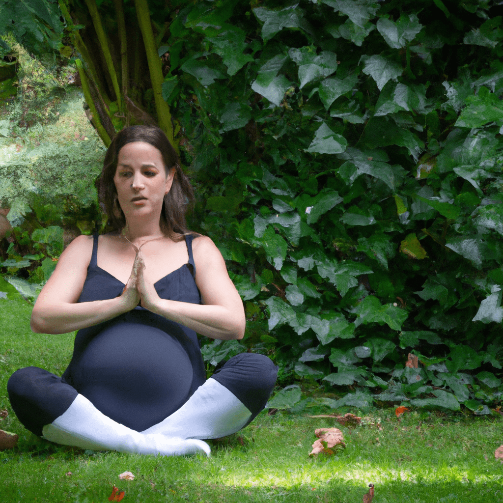A photograph of a pregnant woman enjoying yoga in a peaceful garden. Nikon D750. No text.. Sigma 85 mm f/1.4. No text.