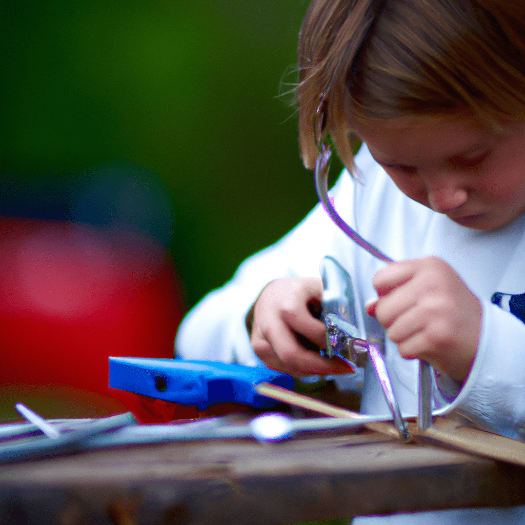 A photo capturing a child using safe tools to create a unique sculpture, emphasizing the importance of safety in creative activities. Sigma 85 mm f/1.4. No text.. Sigma 85 mm f/1.4. No text.