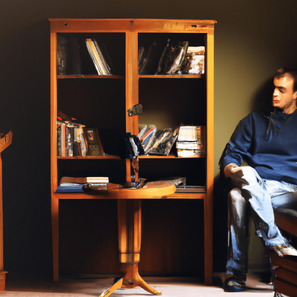 A person sitting alone in a quiet room, deep in thought, surrounded by books and a journal, symbolizing self-reflection and personal growth. Canon 50 mm f/1.8. No text.. Sigma 85 mm f/1.4. No text.