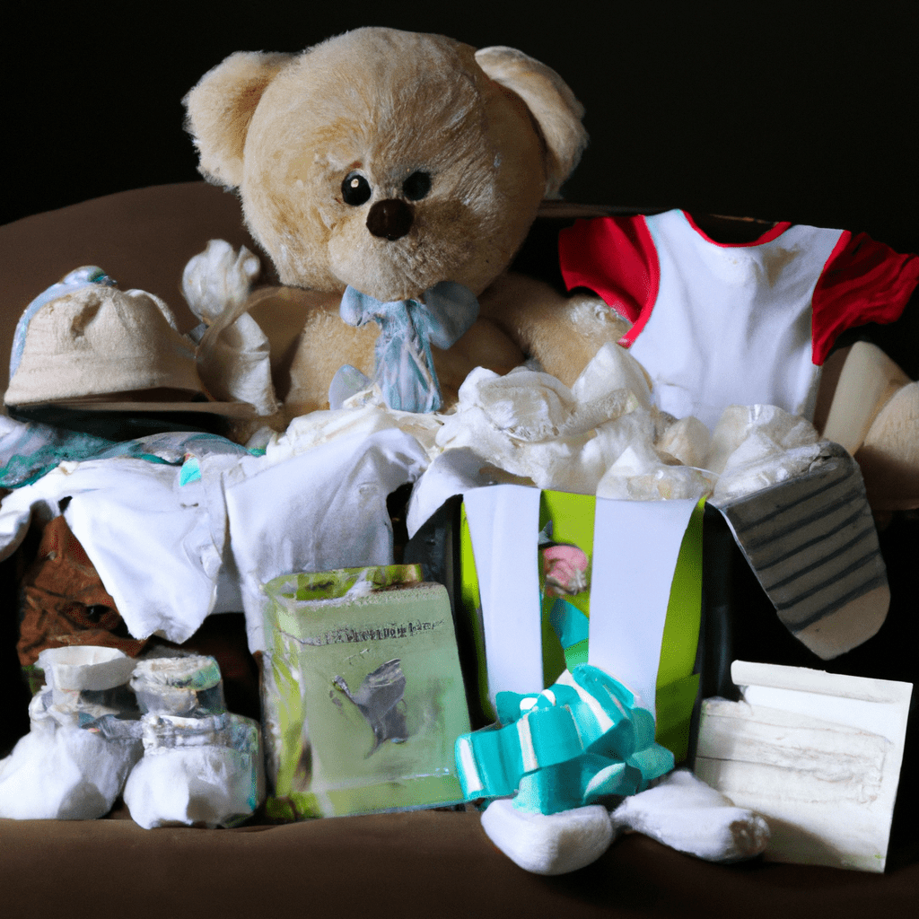 A surprise baby bundle, filled with sweet baby clothes, a plush toy, and goodies for the parents-to-be. Share the joy of welcoming a new family member in a unique and heartwarming way.. Sigma 85 mm f/1.4. No text.