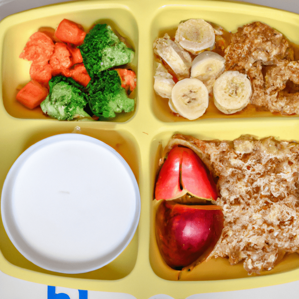 A balanced and colorful kids' meal featuring a variety of fruits, veggies, grains, proteins, and dairy products, essential for healthy growth and development.. Sigma 85 mm f/1.4. No text.