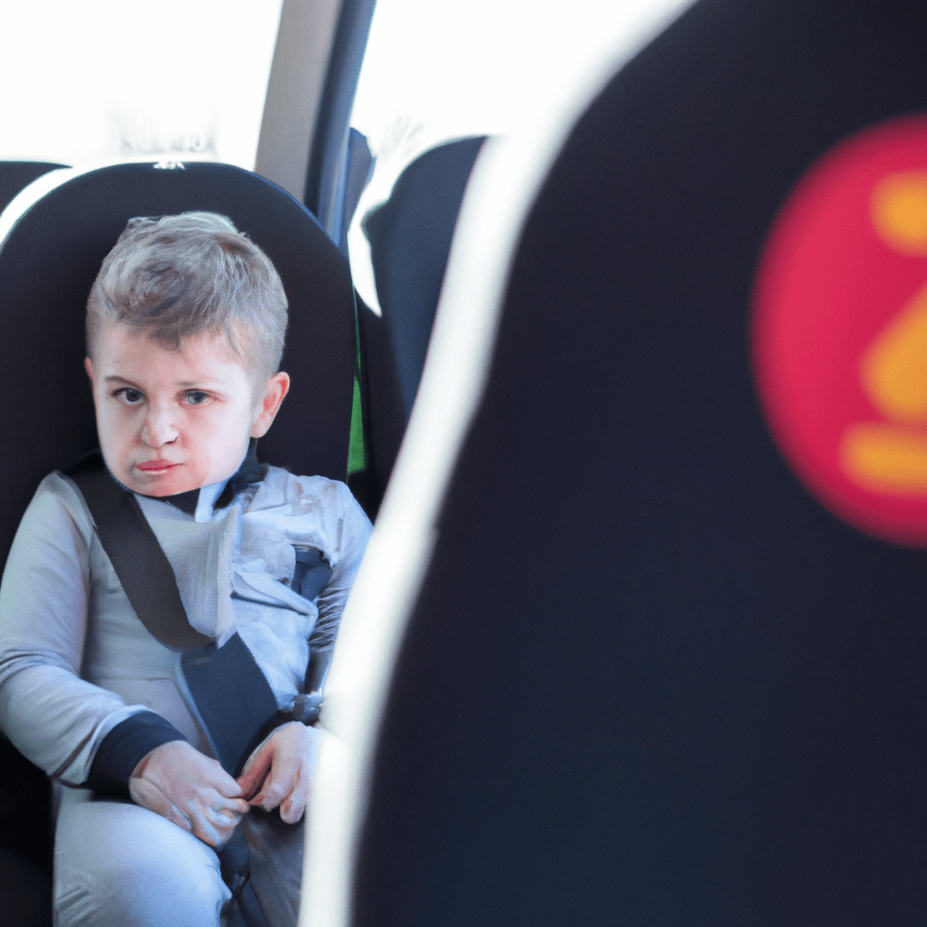 A photo of a child in a properly secured car seat on a bus, with a focus on safety measures like seat belts and sitting close to the driver for supervision.. Sigma 85 mm f/1.4. No text.