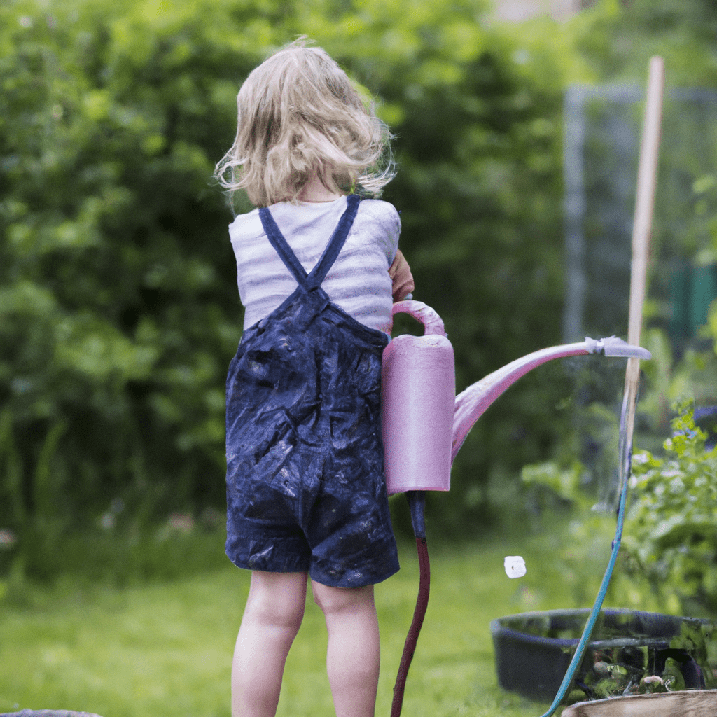 A young child taking responsibility for watering plants in the garden.. Sigma 85 mm f/1.4. No text.