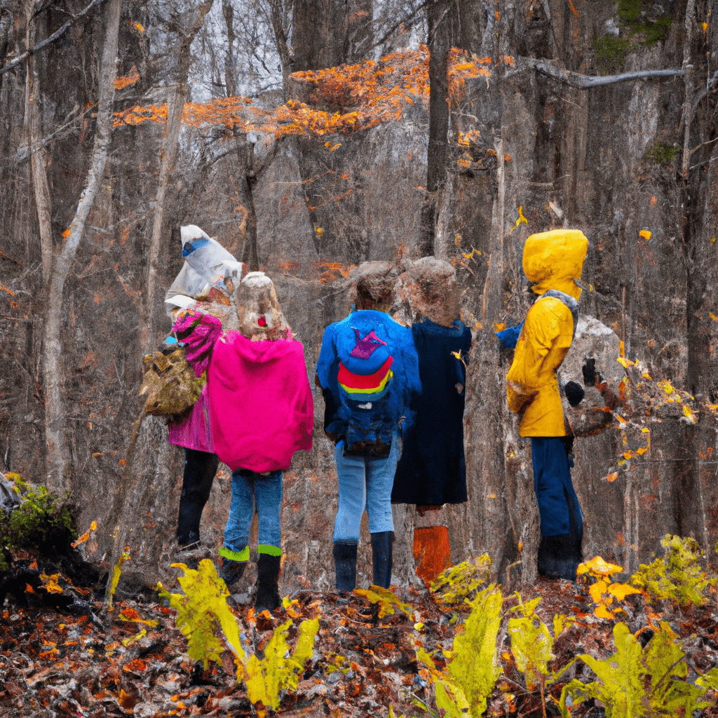A group of children exploring a colorful forest, fostering emotional intelligence and resilience through nature adventures.. Sigma 85 mm f/1.4. No text.