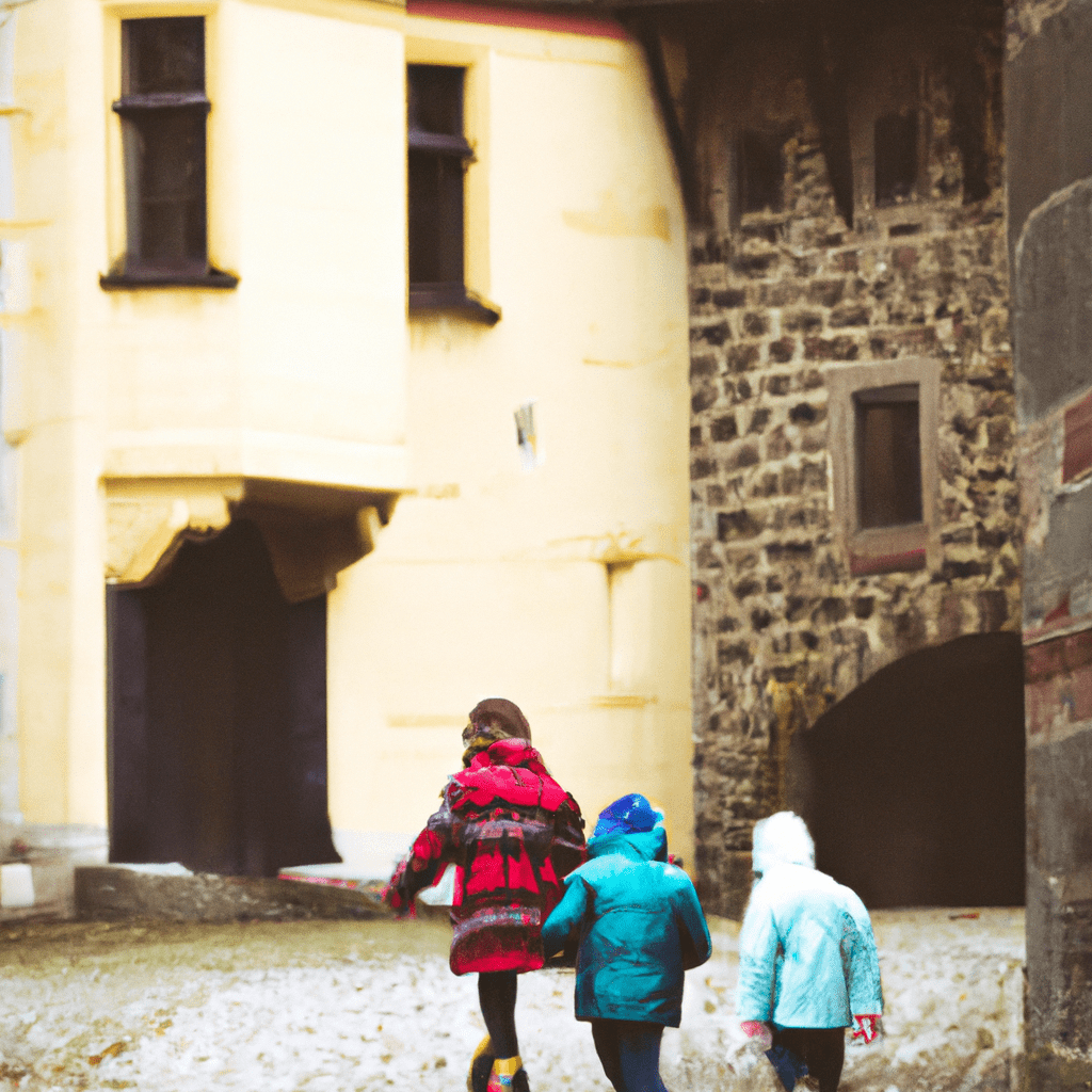 A picturesque view of children exploring a medieval castle in Olomouc, Czech Republic. Exciting adventures await in this historic city!. Sigma 85 mm f/1.4. No text.