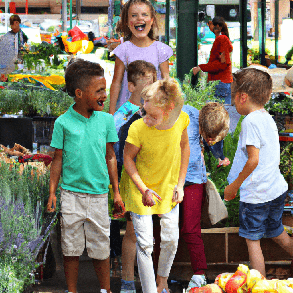 A group of diverse children happily exploring a vibrant outdoor farmers market, picking out fresh fruits and vegetables for their healthy meals.. Sigma 85 mm f/1.4. No text.