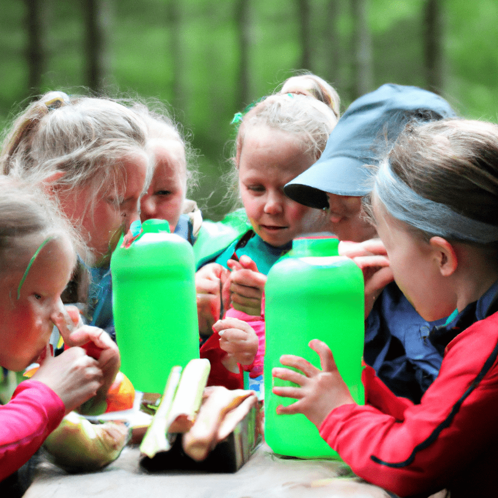 A group of children enjoying healthy snacks and staying hydrated during a nature trip to a forest kindergarten. Keeping energized and hydrated is essential for a fun and active day outdoors.. Sigma 85 mm f/1.4. No text.