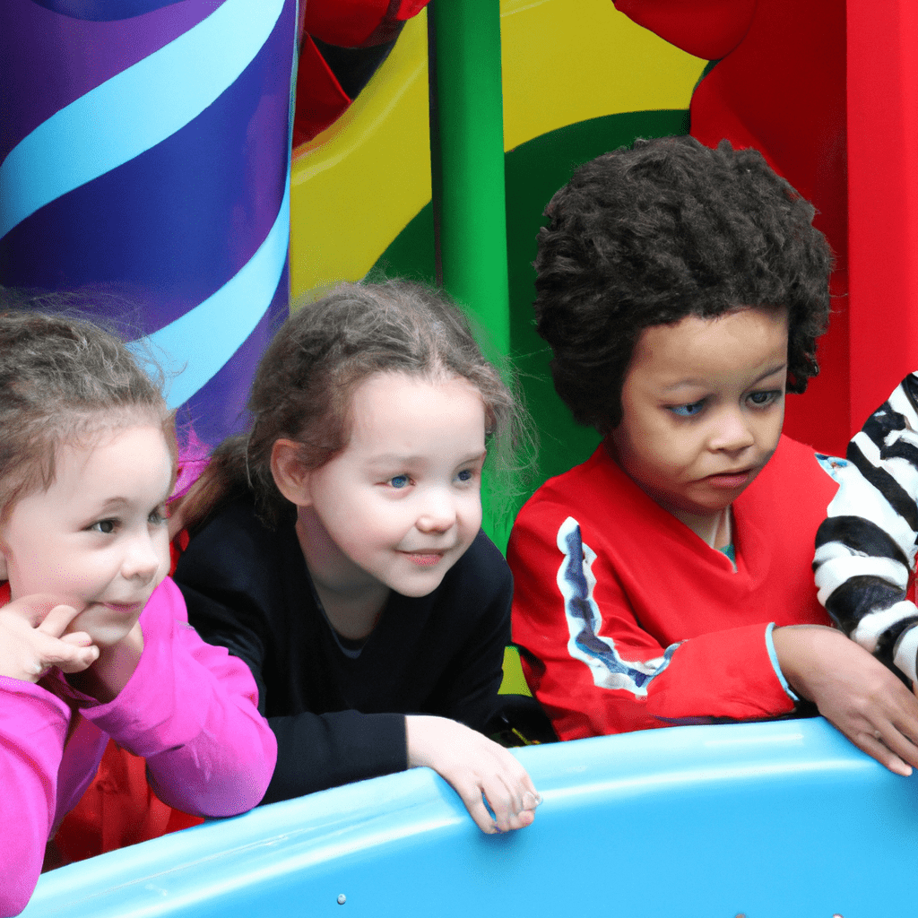 A diverse group of children role-playing and using their imaginations in a colorful amusement park, fostering creativity and social skills. Canon EOS 80D, 35mm.. Sigma 85 mm f/1.4. No text.