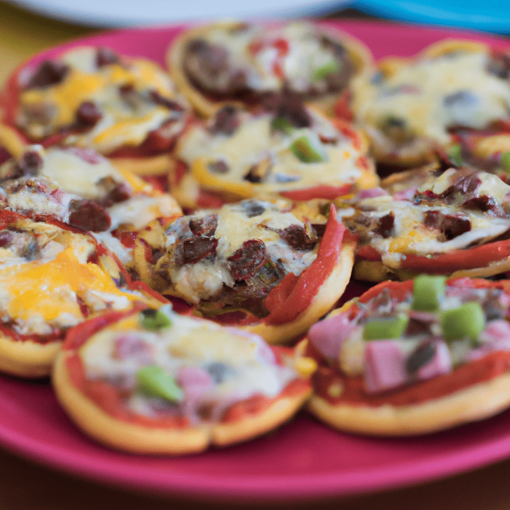 A colorful plate of mini pizzas with various toppings, a fun and tasty option for picky eaters. Perfect for family cooking activities!. Sigma 85 mm f/1.4. No text.