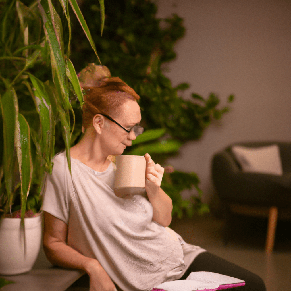 A busy mom enjoying a peaceful moment of self-care with a cup of tea in a cozy corner, surrounded by plants and a good book.. Sigma 85 mm f/1.4. No text.