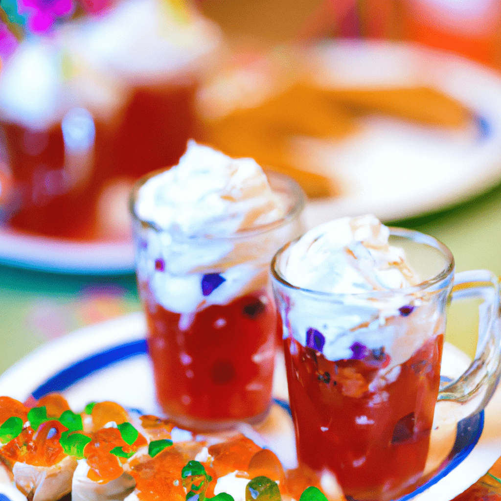 A delightful spread of fruity yogurt skewers and gingerbread jellies topped with whipped cream, a sweet treat for all ages. End your meal on a high note with these refreshing and irresistible desserts! Capture the joy and sweetness of the moment.. Sigma 85 mm f/1.4. No text.
