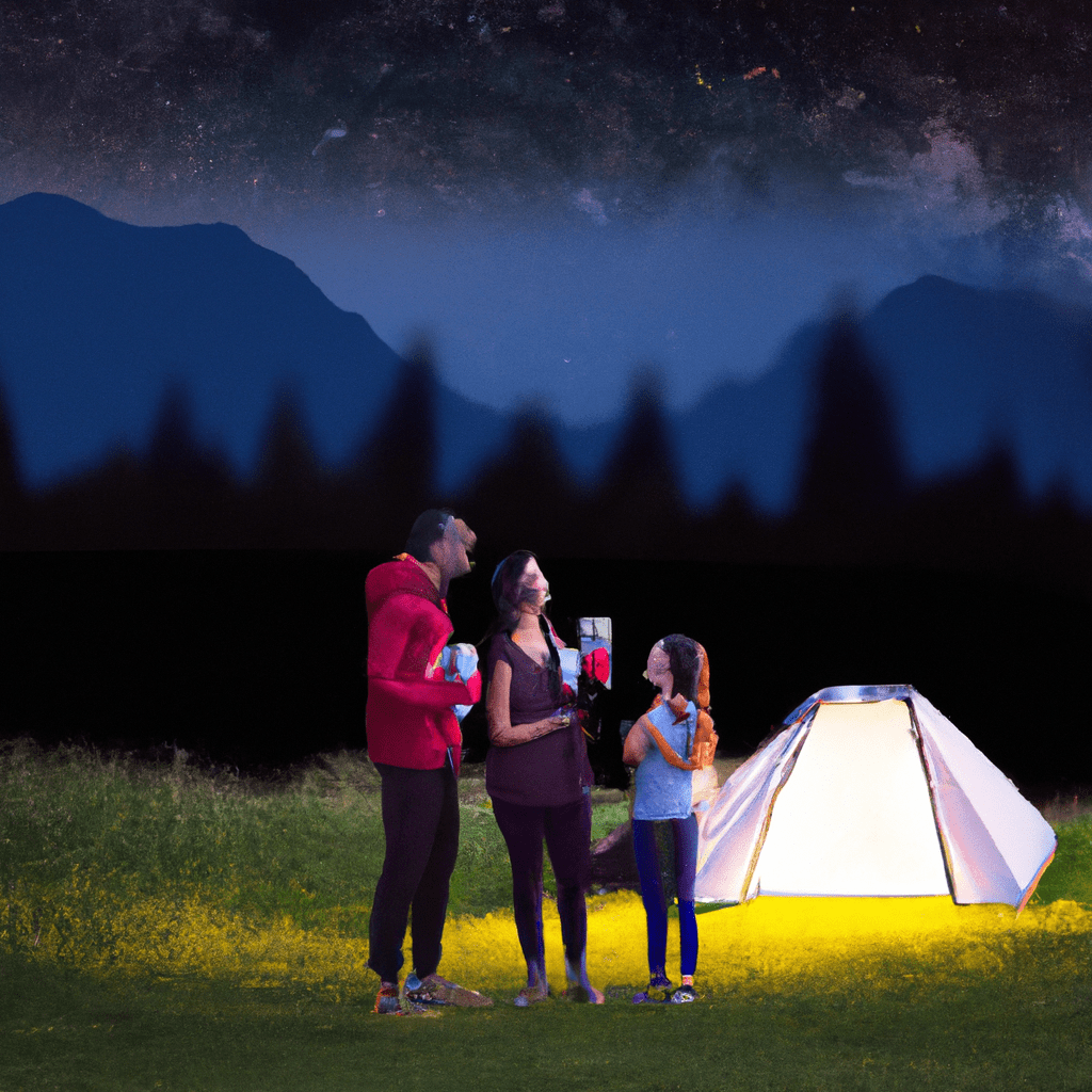 A family camping under the stars in the mountains, enjoying a true adventure experience close to nature. Choose between comfort in a hotel or the thrill of camping for a memorable family getaway.. Sigma 85 mm f/1.4. No text.