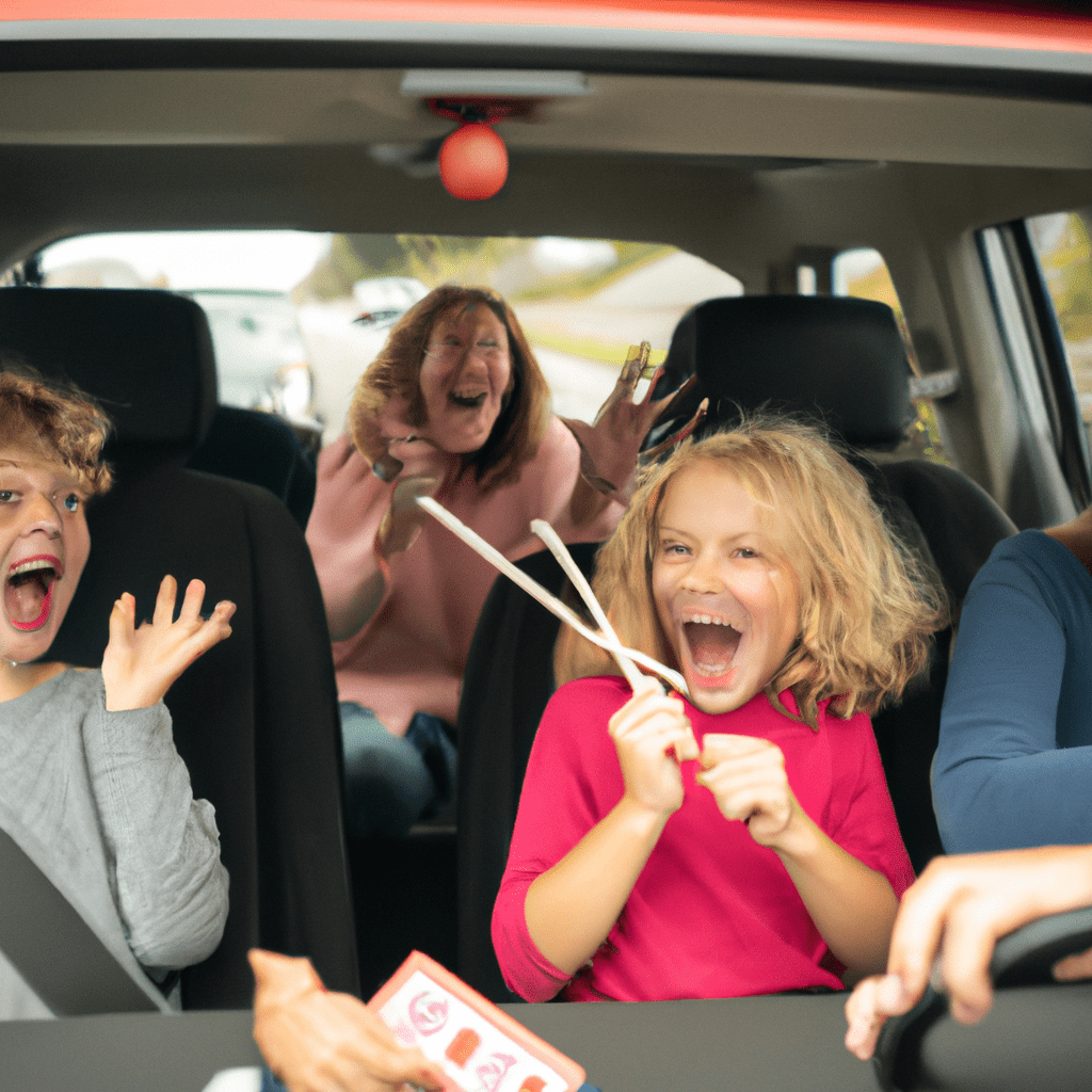A family playing travel games together in a car, laughing and having fun while on a road trip. Creative activities keep kids entertained on journeys.. Sigma 85 mm f/1.4. No text.