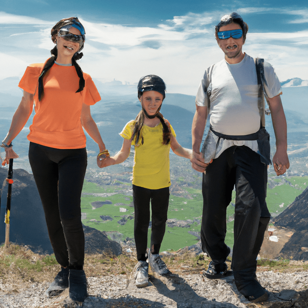A family enjoying a leisurely hike in the mountains, equipped with safety gear and a positive attitude. Prepare for the unexpected to ensure a joyful adventure.. Sigma 85 mm f/1.4. No text.