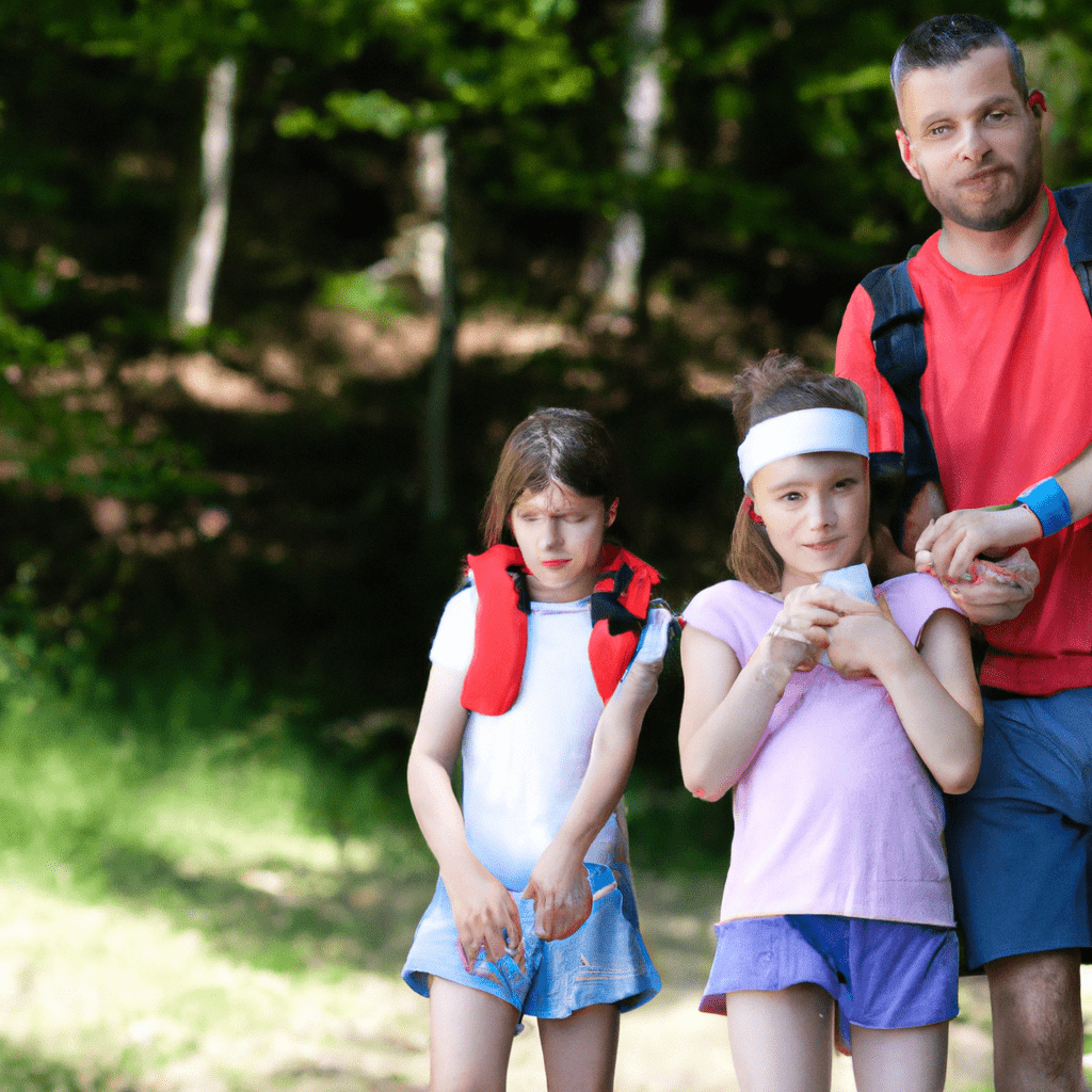 A family hiking in nature, kids wearing safety wristbands. Parents carry first aid kit and GPS for added security. Enjoying worry-free outdoor adventure.. Sigma 85 mm f/1.4. No text.
