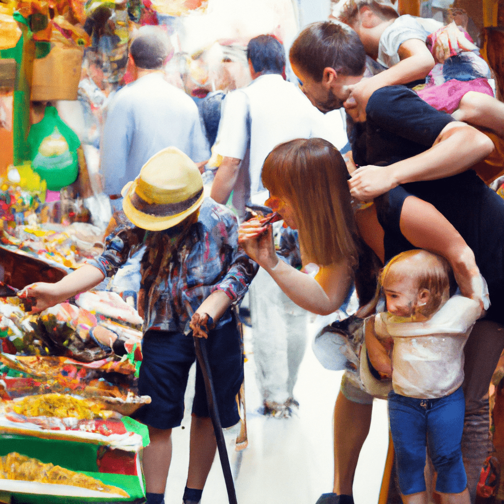 A family exploring a colorful market abroad, with children happily sampling local fruits and traditional treats.. Sigma 85 mm f/1.4. No text.