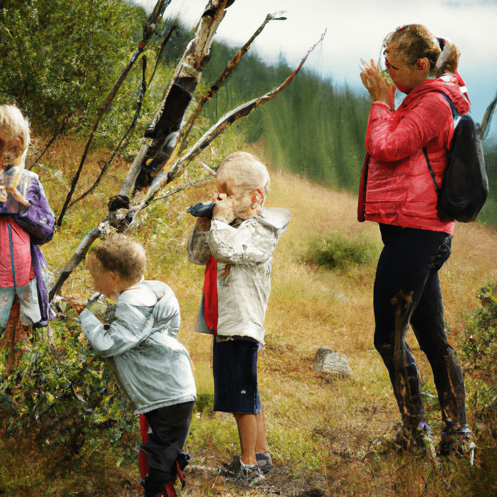 A family exploring a scenic mountain trail with young children, stopping to play games and discover nature treasures along the way. Capture the joy of outdoor adventures with kids.. Sigma 85 mm f/1.4. No text.
