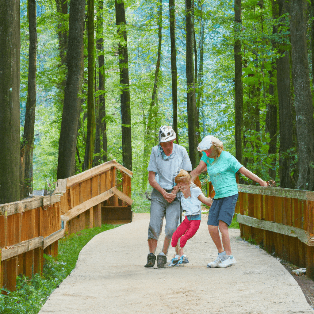 A happy family hiking in a child-friendly mountain resort, surrounded by nature and fun activities for kids.. Sigma 85 mm f/1.4. No text.