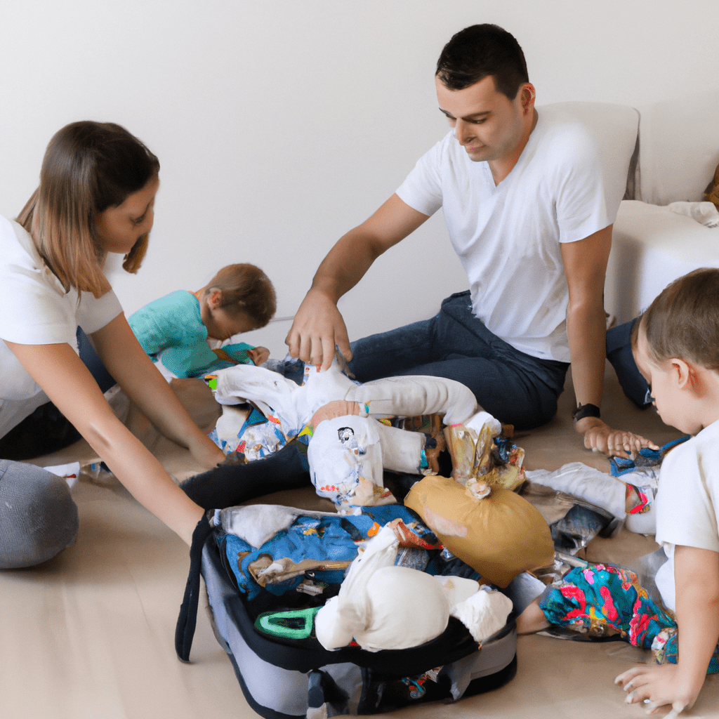A family packing and preparing for a trip with kids, carefully organizing travel essentials and favorite toys for a stress-free journey.. Sigma 85 mm f/1.4. No text.