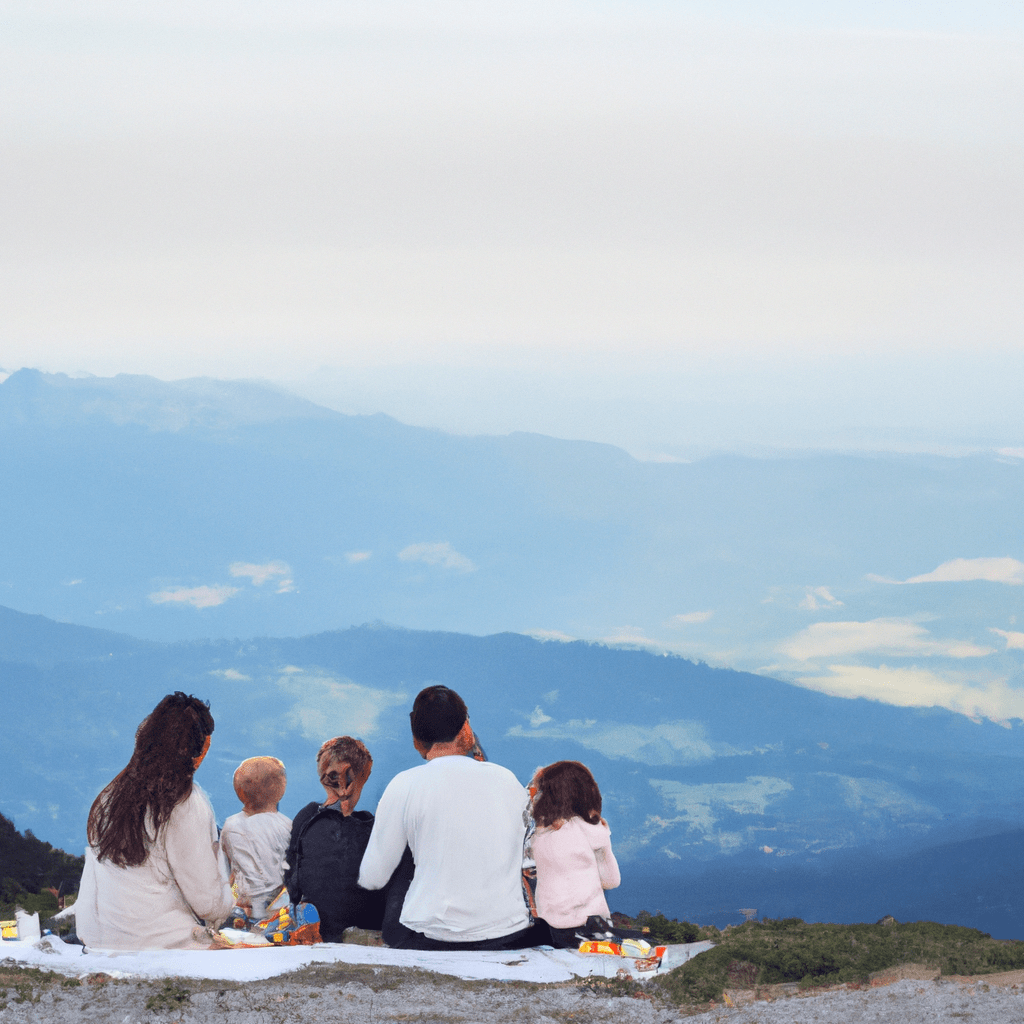 A family having a picnic on a mountain peak, enjoying the breathtaking view together. Capture the joy of bonding in nature with loved ones.. Sigma 85 mm f/1.4. No text.