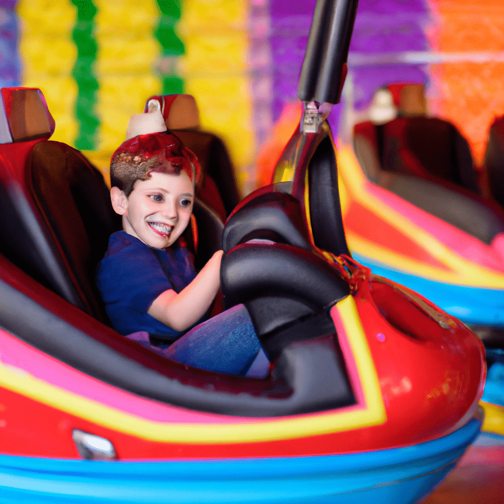 A happy child enjoying a thrilling ride in a colorful amusement park attraction, safely strapped in with a big smile on their face.. Sigma 85 mm f/1.4. No text.