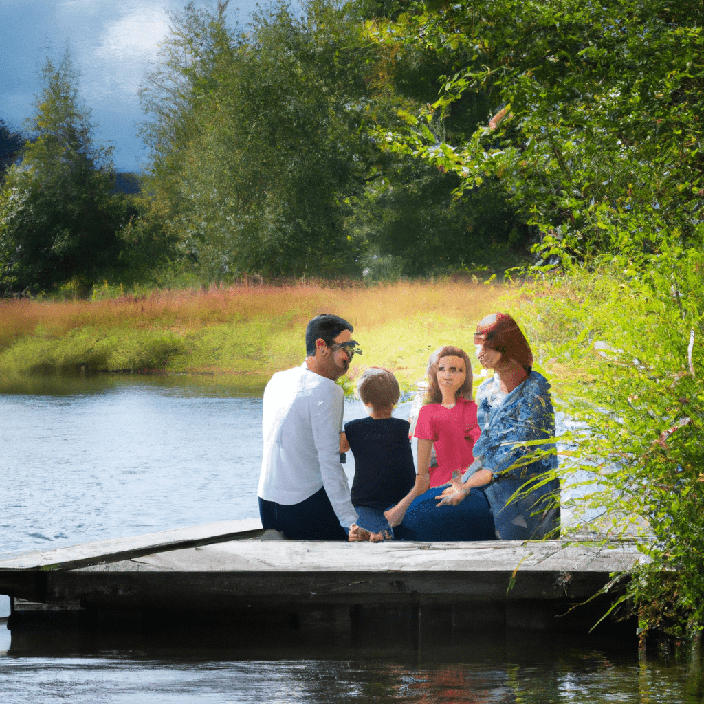 A happy family enjoying a peaceful day at a serene lakeside, surrounded by nature's beauty. Crisp colors capture the moment perfectly.. Sigma 85 mm f/1.4. No text.