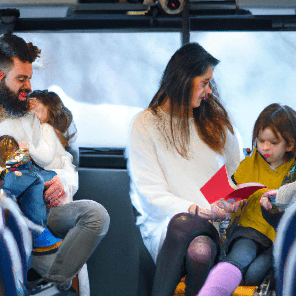 A photo of a happy family in the middle of a bus, kids entertained with toys and books, parents relaxed, ensuring a safe and comfortable journey.. Sigma 85 mm f/1.4. No text.
