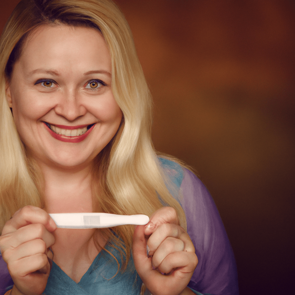 A pregnant woman joyfully holding a positive pregnancy test, with a gentle smile and hopeful gaze. Captured with a Nikon D850.. Sigma 85 mm f/1.4. No text.