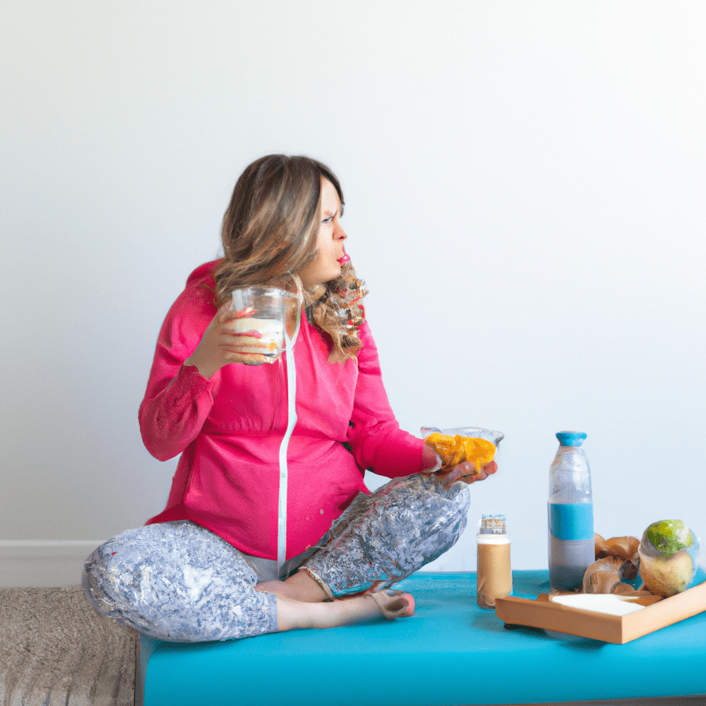 A mother starting her day with a nutritious breakfast, practicing yoga for physical and mental well-being, and staying hydrated with a balanced diet. Canon EOS 50mm f/1.8.. Sigma 85 mm f/1.4. No text.