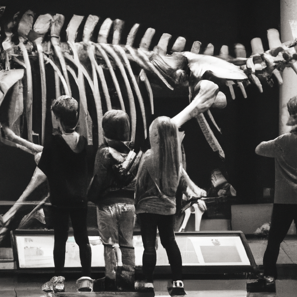 A group of kids marveling at a giant dinosaur skeleton exhibit at the Prague Natural History Museum. Captured with a Nikon D750..sigma 85 mm f/1.4. No text.. Sigma 85 mm f/1.4. No text.