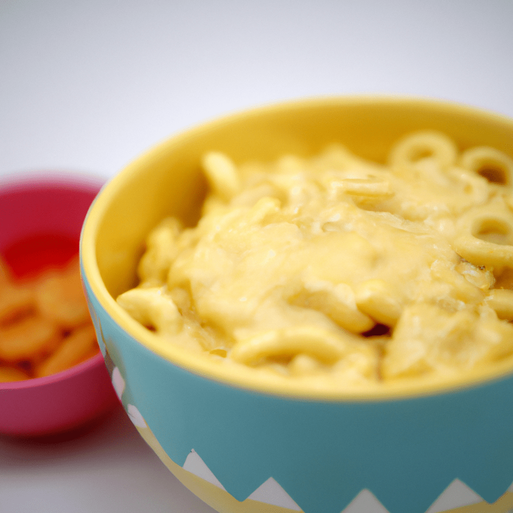 A delicious bowl of macaroni with cheesy sauce and crackers, a perfect energy-packed lunch for kids. A favorite among little foodies for its irresistible taste and fun eating experience.. Sigma 85 mm f/1.4. No text.