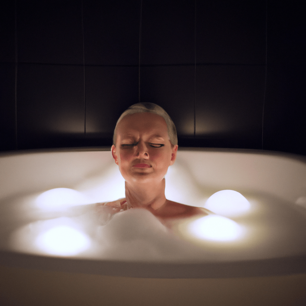 A content mom finding a moment of serenity in a bubble bath, with soft music playing and dim candlelight around her. Canon EOS 5D Mark IV. No text.. Sigma 85 mm f/1.4. No text.