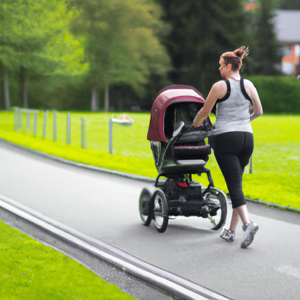 A mother jogging with a sport stroller designed for outdoor activities with a child.. Sigma 85 mm f/1.4. No text.