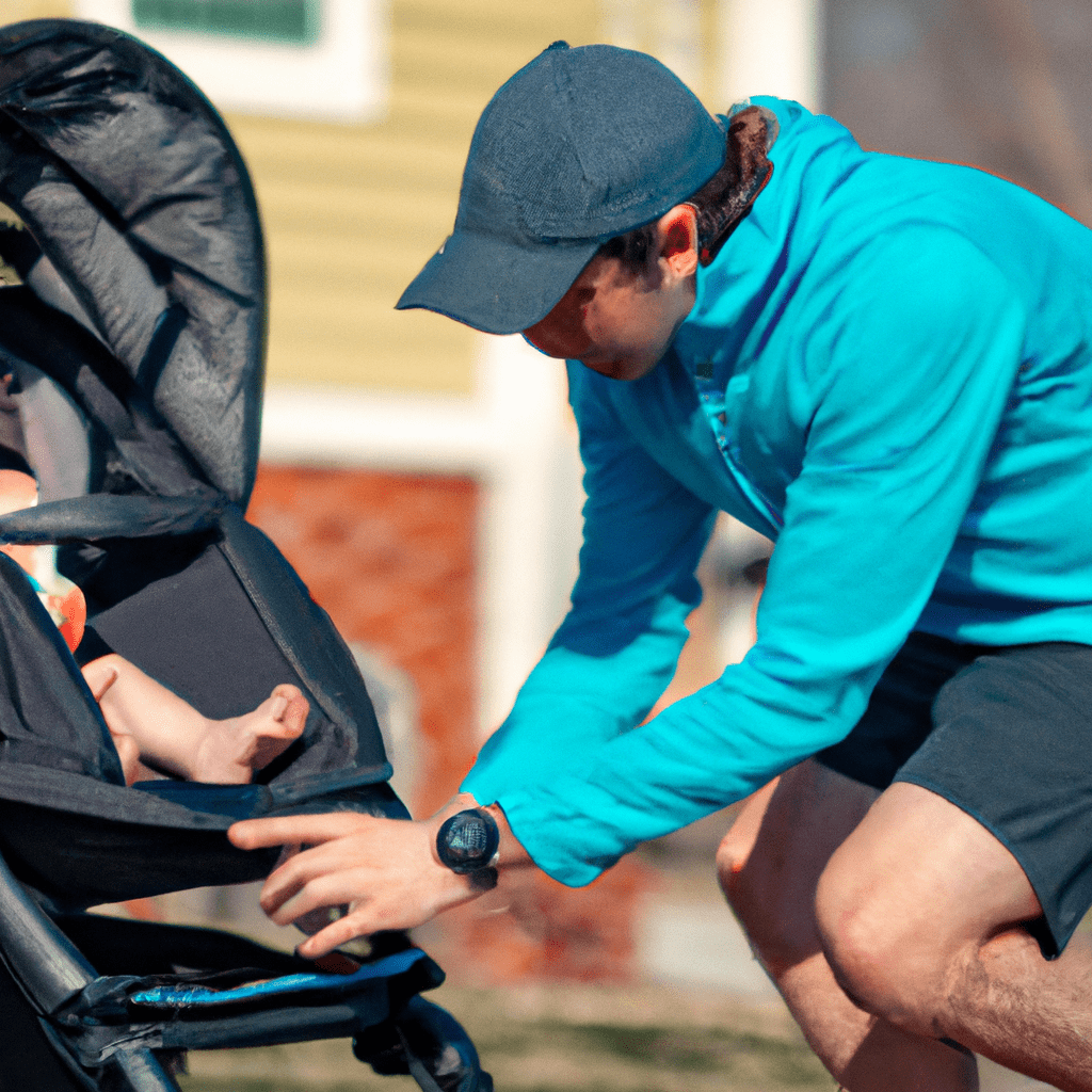 A parent checking the safety straps on a jogging stroller before heading out for a run, emphasizing the importance of proper precautions during outdoor activities with a child.. Sigma 85 mm f/1.4. No text.