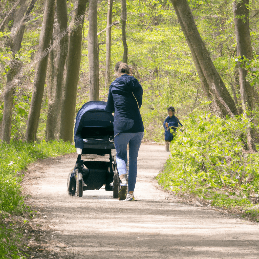 A parent navigating a peaceful trail with a sport stroller, ensuring the child's safety and comfort during outdoor activities.. Sigma 85 mm f/1.4. No text.