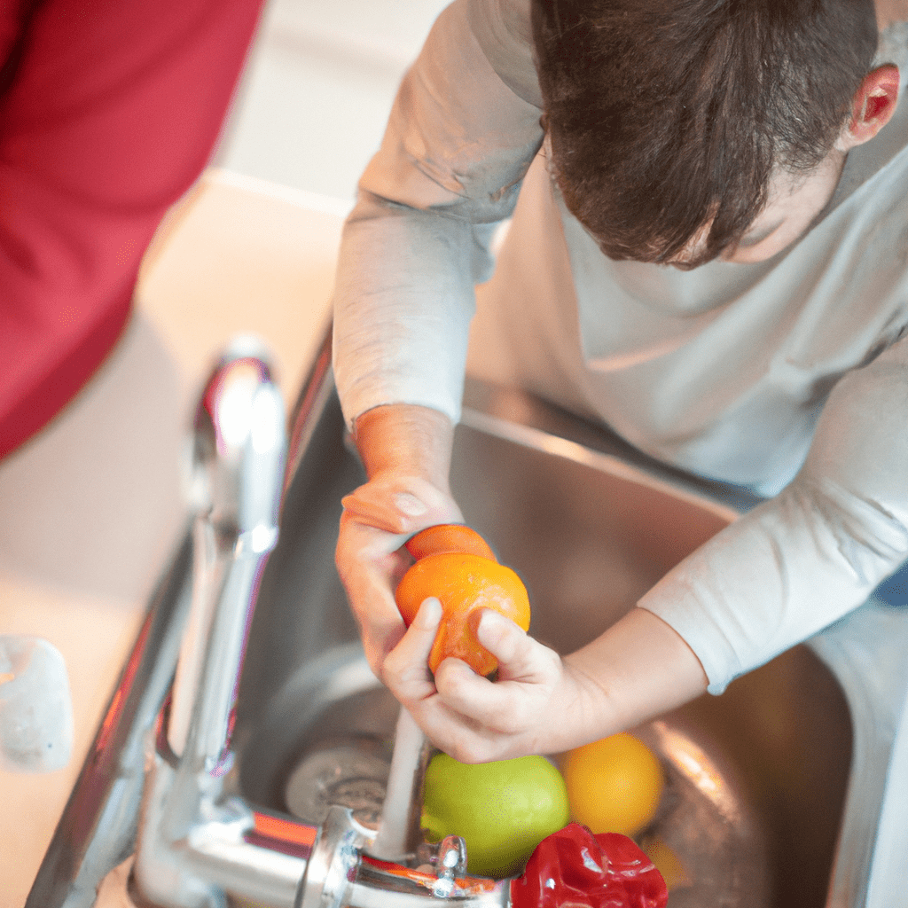 A focused parent carefully washing fruits and vegetables in a kitchen sink, emphasizing the importance of food hygiene for safe and healthy children's meals.. Sigma 85 mm f/1.4. No text.