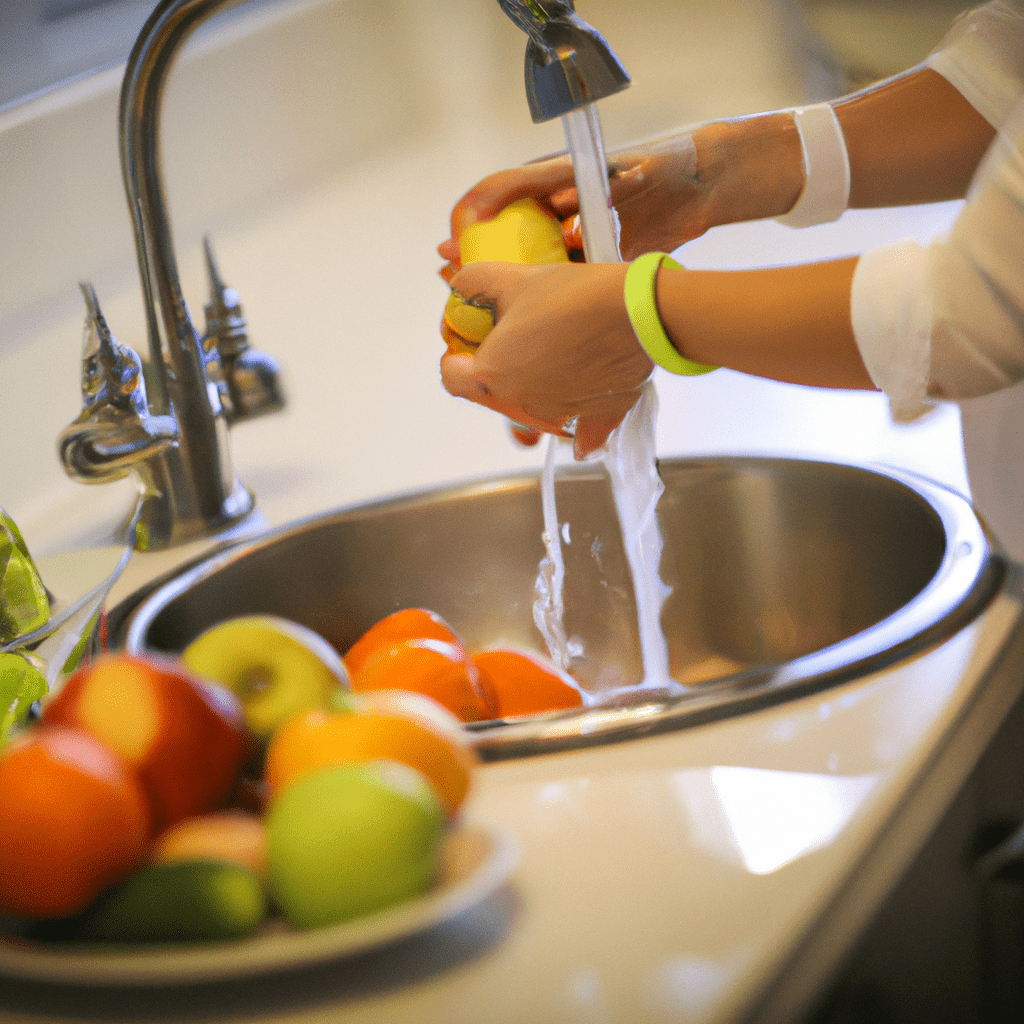 A focused parent washing fresh fruits and vegetables before preparing a healthy and safe meal for children, emphasizing food safety and hygiene. Sigma 85 mm f/1.4. No text.. Sigma 85 mm f/1.4. No text.