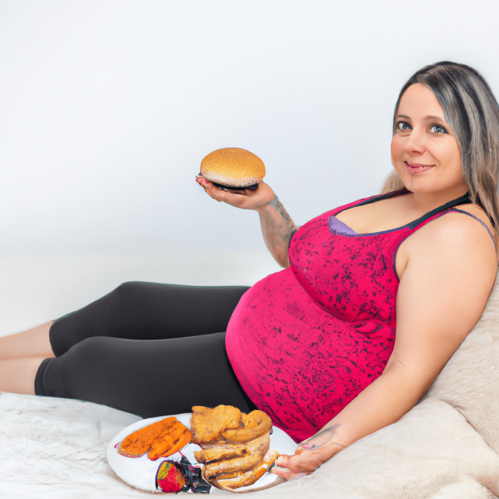 A pregnant woman enjoying a variety of different foods to satisfy her pregnancy cravings amidst hormonal changes and nutrient needs.. Sigma 85 mm f/1.4. No text.
