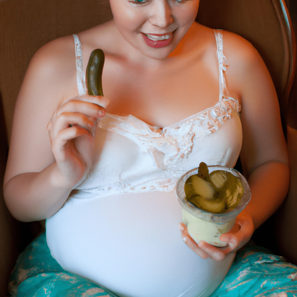 A pregnant woman savoring a spicy pickles and vanilla ice cream combination, indulging in her unique pregnancy cravings and hormone-induced taste preferences. Sigma 85 mm f/1.4. No text.. Sigma 85 mm f/1.4. No text.