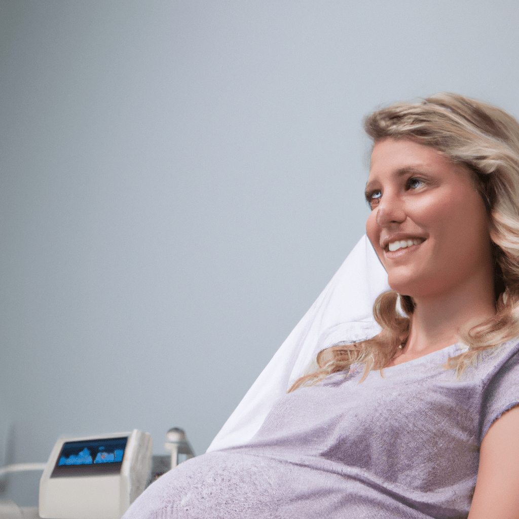 A close-up photo of a pregnant woman smiling during a prenatal care visit to the gynecologist. She listens attentively to her doctor's advice, highlighting the importance of regular check-ups for a healthy pregnancy. Taken with a Canon EOS 70-200mm f/2.8 lens.. Sigma 85 mm f/1.4. No text.