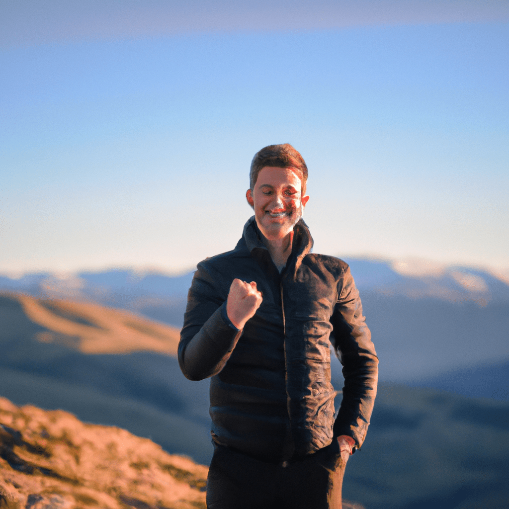 A smiling person standing confidently on top of a mountain, symbolizing personal growth and success through self-confidence and goal-setting.. Sigma 85 mm f/1.4. No text.